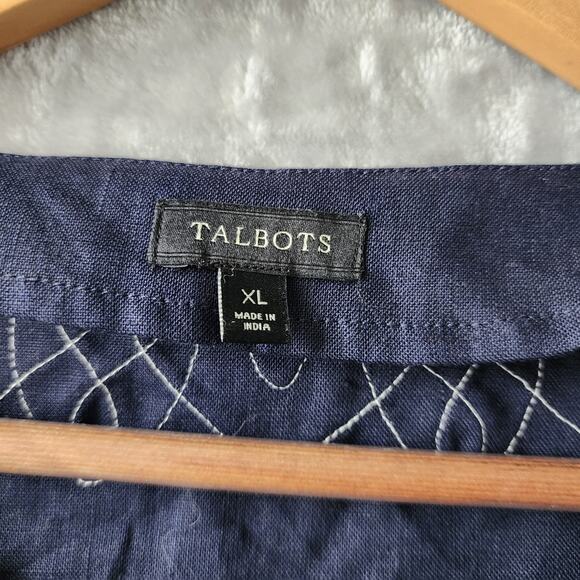 Talbots Linen Top Womens Size XL Ribbon Trim Navy Blue Pullover 100% - Picture 3 of 8